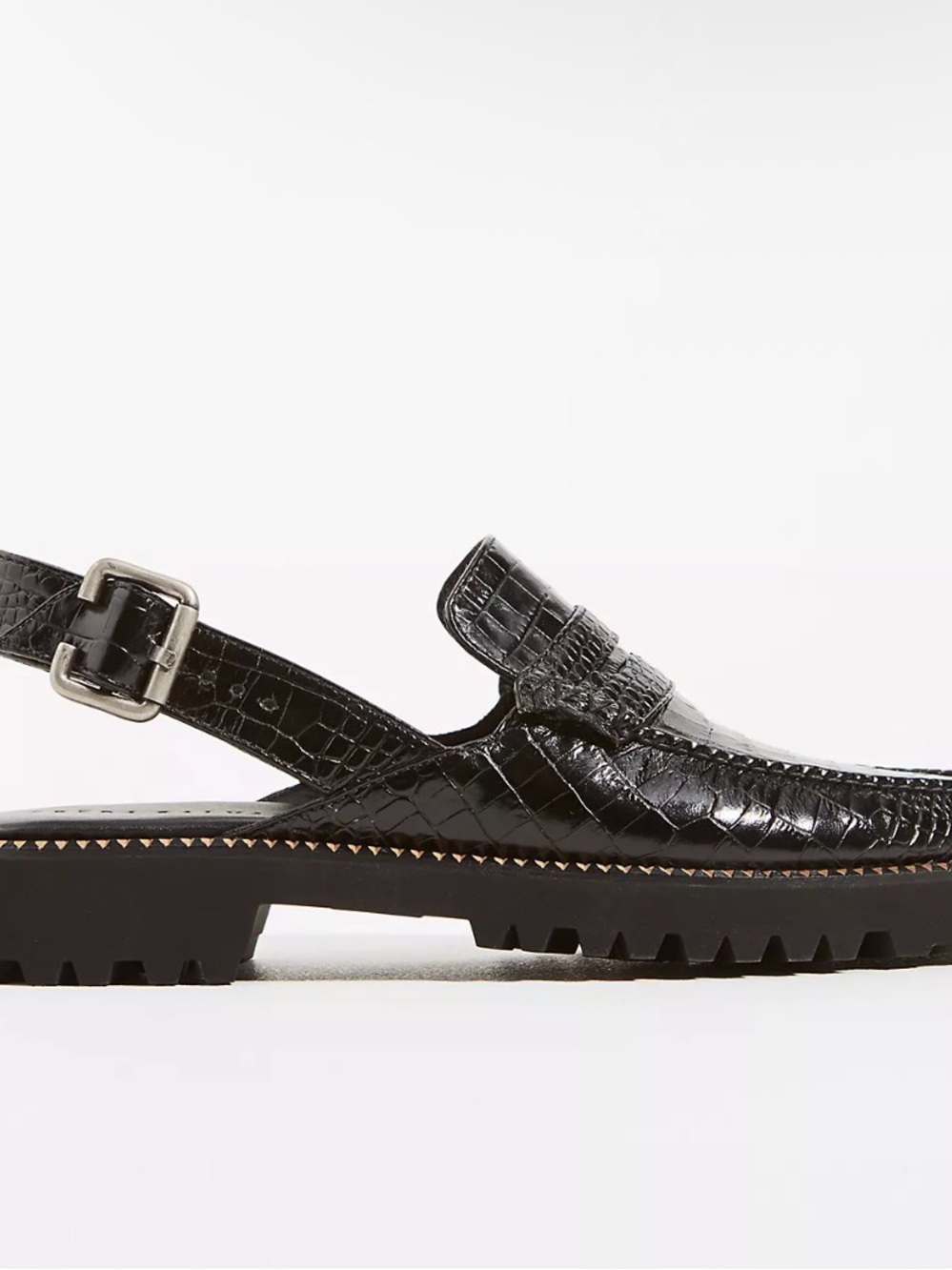 Freda Salvador Juana Black Croc-Embossed Slingback Loafers Moccasin